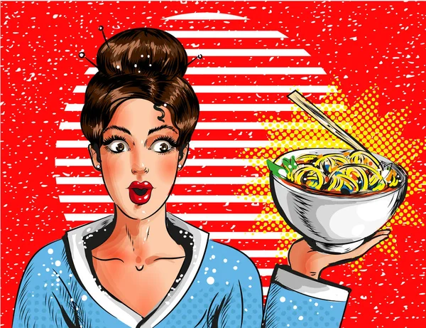 Vektor pop art gadis muda cantik memegang mangkuk dengan pasta - Stok Vektor