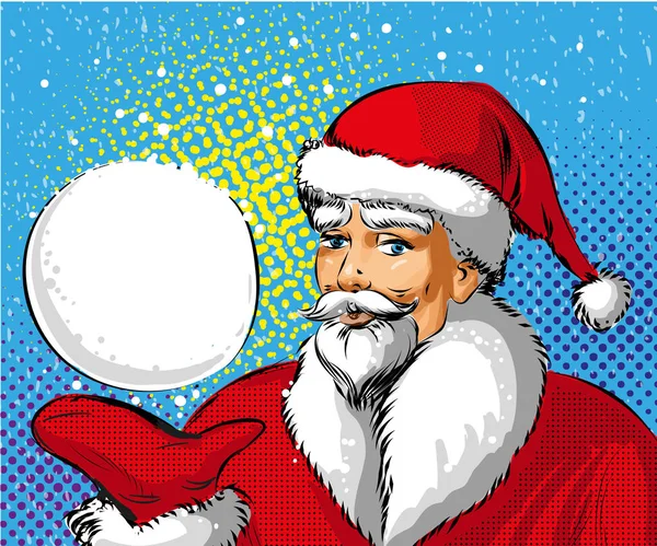 Векторная поп-арт иллюстрация Санта-Клауса, показывающая снежок — стоковый вектор