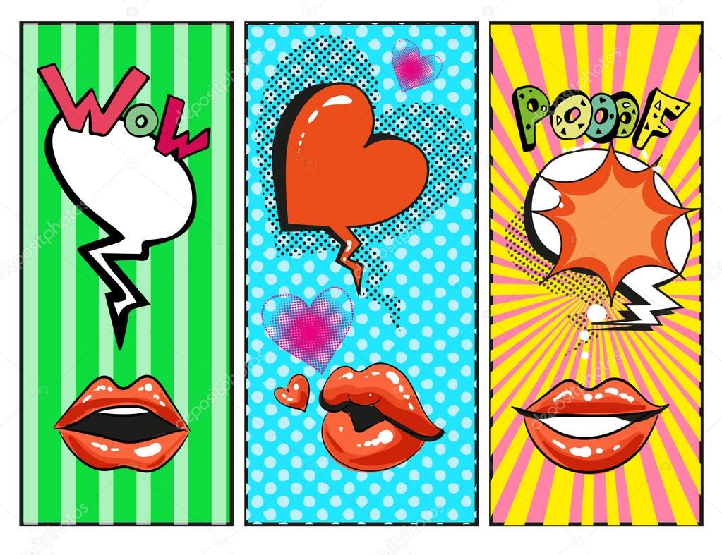 Vector pop art female lips, hearts, speech bubbles with fashion phrases
