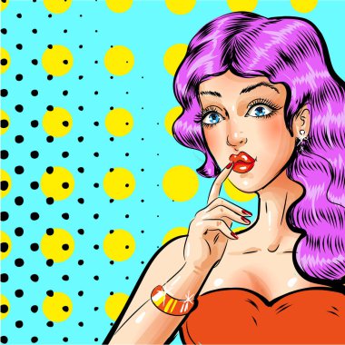 Vektör pop sanat dudaklarında parmak ile güzel kadın