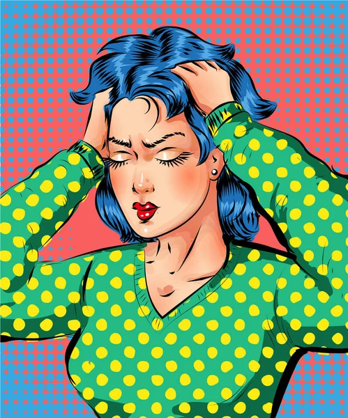 Vektör pop sanat güzel kadın baş ağrısı Başlarken — Stok Vektör