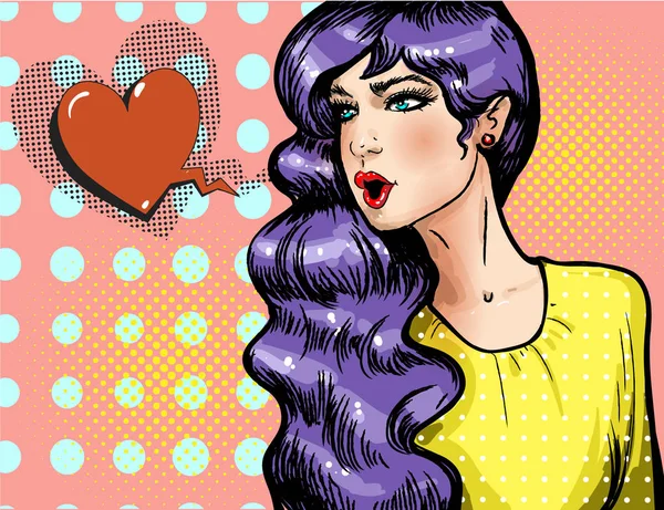 Vector pop arte hermosa chica con corazón en forma de burbuja de habla — Vector de stock