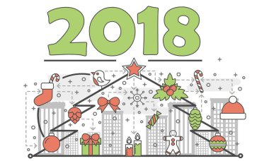 Noel ağacı tebrik kartı vektör ince çizgi düz çizim