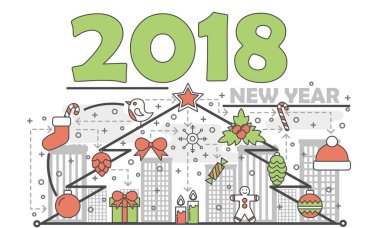 Noel ağacı tebrik kartı vektör ince çizgi düz çizim