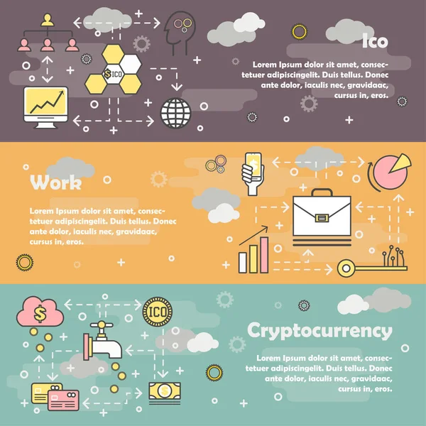 Initial coin offering concept vector flat line art banner set — Stock Vector