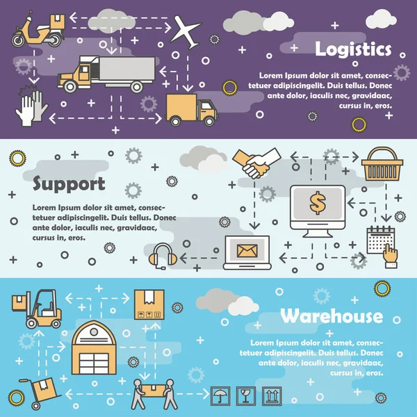 Logística concepto vector línea plana arte banner conjunto — Archivo Imágenes Vectoriales