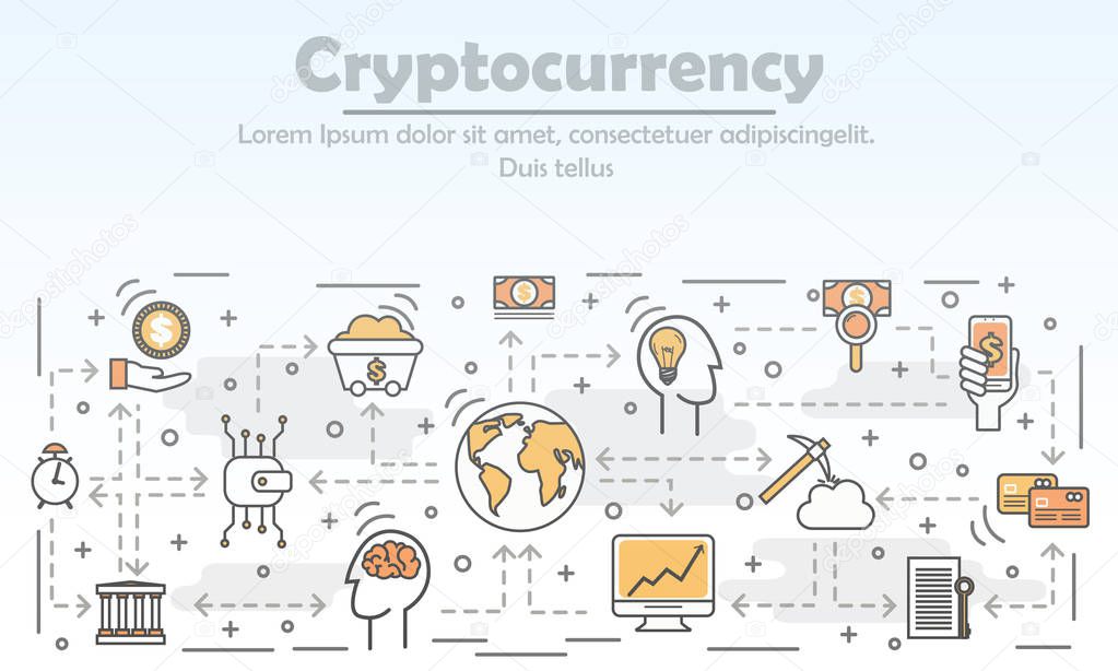 Cryptocurrency advertising concept vector flat line art illustration