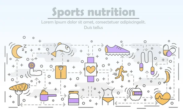 Nutrición deportiva publicidad vector ilustración en estilo lineal plano — Vector de stock