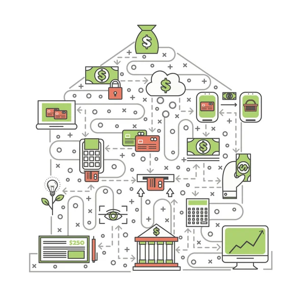 은행 개념 벡터 플랫 라인 아트 그림 — 스톡 벡터
