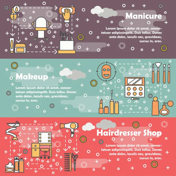 Beauty saloon advertising vector flat line art banner set — Stock Vector