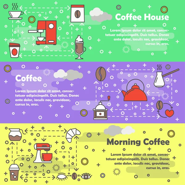 Set di banner per arte a linea piana vettoriale caffè — Vettoriale Stock