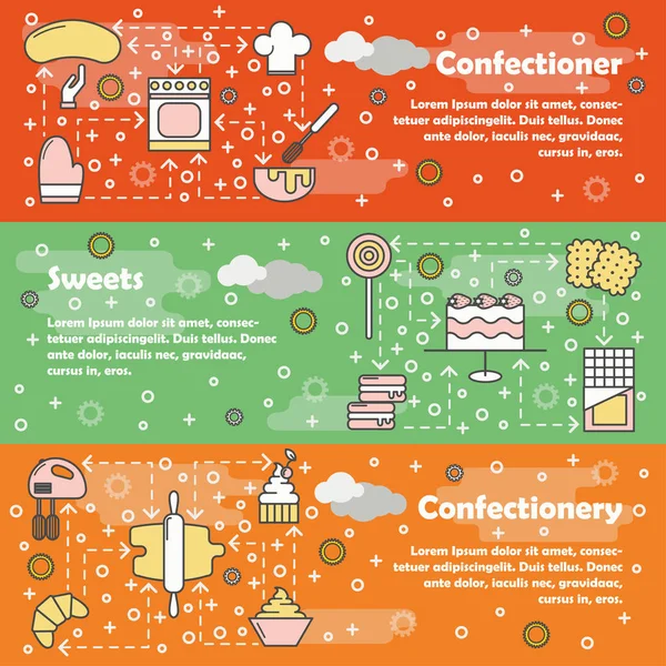 제과 벡터 플랫 라인 아트 배너 세트 — 스톡 벡터