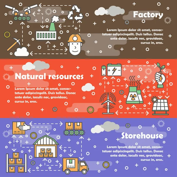 Set de pancartas de fábrica de ecología de arte de línea plana vectorial — Vector de stock