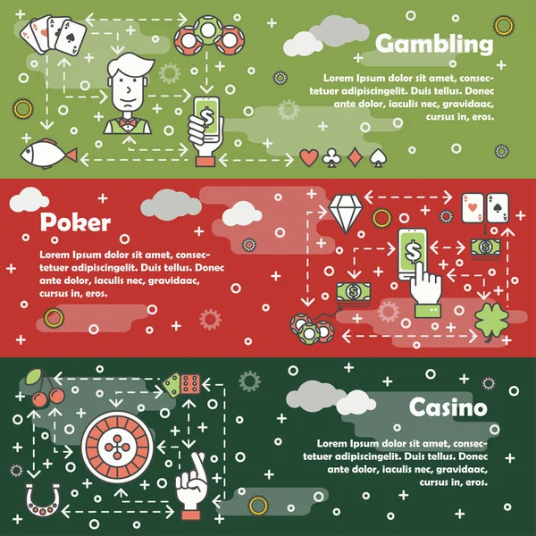 Sada vektorové rovinu umění poker karty hry banner — Stockový vektor