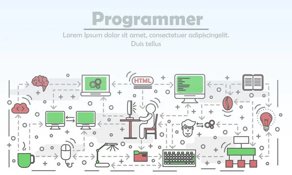 Illustration d'art de ligne plate de vecteur publicitaire programmeur — Image vectorielle