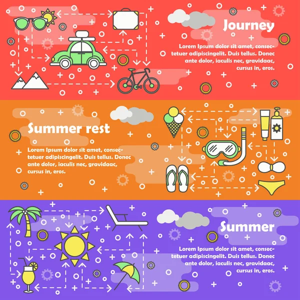 Vektor flache Linie Kunst Sommer Banner Set — Stockvektor