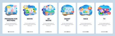 Mobil uygulama ekranlarda. Televizyon şovu, TV seti, spor haberleri, 3 boyutlu filmler ve sinema. Web sitesi ve mobil geliştirme için menü vektör paneli şablonu. Web sitesi tasarımı düz illüstrasyon
