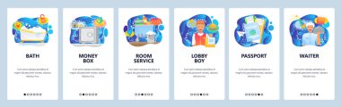 Mobil uygulama ekranlarda. Otel odası servisi, banyo, kasa, lobici çocuk, pasaport, garson. Web sitesi ve mobil geliştirme için menü vektör paneli şablonu. Web sitesi tasarımı düz illüstrasyon