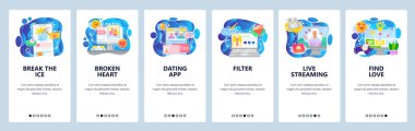 Mobil uygulama ekranlarda. Randevu servisi. Aşk mesajları, filtre profili, arama, canlı yayın videosu. Web sitesi ve mobil geliştirme için menü vektör paneli şablonu. Web sitesi tasarımı illüstrasyonu