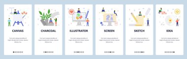 Mobil uygulama ekranlarda. Resim, sanatçı, tuval, yaratıcı fikir, kömür. Web sitesi ve mobil geliştirme için menü vektör paneli şablonu. Web sitesi tasarımı düz illüstrasyon