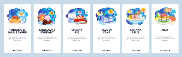 Mobile app onboarding screens. Breakfast sweets, pudding, chocolate, cherry pie, berry cake, jelly. Menu vector banner template for website and mobile development. Web site design flat illustration — Stock Vector