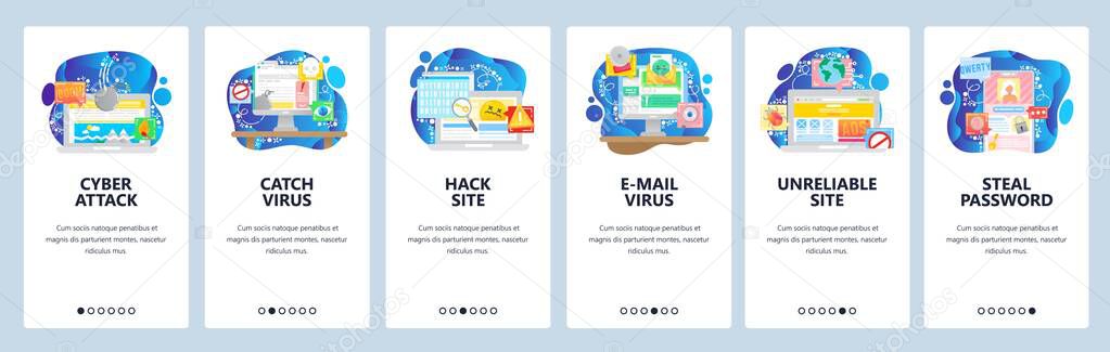 Mobile app onboarding screens. Cyber security, virus attack, hacker, password protection, phone lock, email malware. Vector banner template for website and mobile development. Web site illustration