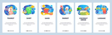 Mobil uygulama ekranlarda. Tropik yaz tatili, seyahat turisti, hindistan cevizi kokteyli, kumsal. Web sitesi ve mobil geliştirme için menü vektör paneli şablonu. Web sitesi tasarımı düz illüstrasyon
