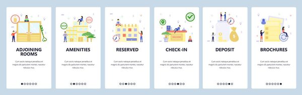 Мобильное приложение на экранах. Здание отеля, комната бронирования, стойка регистрации. Шаблон векторного баннера меню для веб-сайта и мобильной разработки. Дизайн сайта плоская иллюстрация
