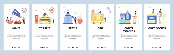 Telas de onboarding de aplicativos móveis. Eletrodomésticos, chaleira, torradeira, churrasqueira, máquina de café, fogão. Modelo de banner vetorial para site e desenvolvimento móvel. Web site design ilustração plana — Vetor de Stock