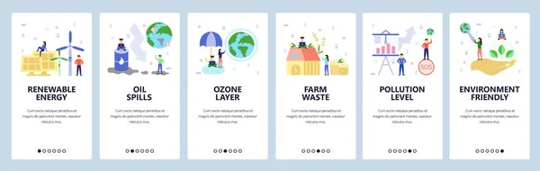 Schermi di onboarding delle app mobili. Problemi ambientali, energie rinnovabili, fuoriuscite di petrolio, strato di ozono, inquinamento atmosferico. Modello di banner vettoriale per lo sviluppo di siti web e dispositivi mobili. Sito web illustrazione piatta — Vettoriale Stock