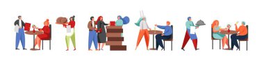 Restoran çalışanları ve ziyaretçiler, vektör düz izole illüstrasyon