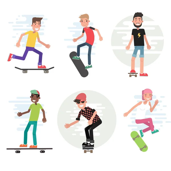 Muchachos y muchachas adolescentes urbanos modernos en ilustración del vector del monopatín. Conjunto de personajes de dibujos animados aislados. Los patinadores urbanos se divierten y hacen acrobacias y trucos. Skate deporte extremo — Vector de stock