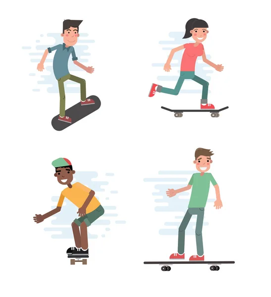 Muchachos y muchachas adolescentes urbanos modernos en ilustración del vector del monopatín. Conjunto de personajes de dibujos animados aislados. Los patinadores urbanos se divierten y hacen acrobacias y trucos. Skate deporte extremo — Archivo Imágenes Vectoriales