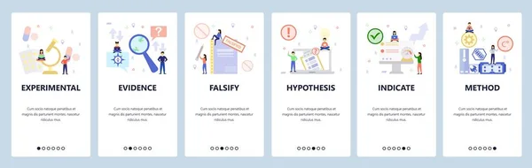 Telas de onboarding de aplicativos móveis. Ferramentas de hardware, provas de busca, pesquisa em ciências farmacêuticas. Modelo de banner vetorial de menu para site e desenvolvimento móvel. Web site design ilustração plana — Vetor de Stock