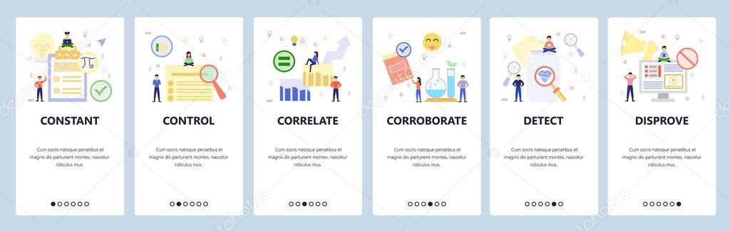Mobile app onboarding screens. Video marketing and promotion, search, science experiment. Menu vector banner template for website and mobile development. Web site design flat illustration