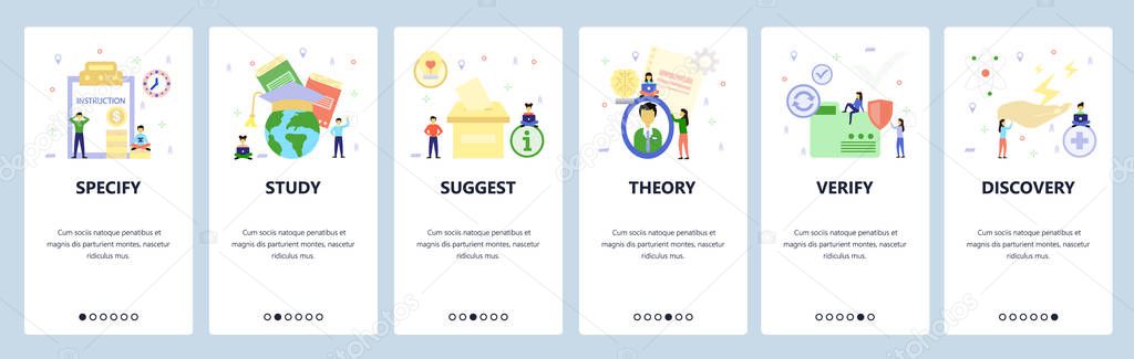 Mobile app onboarding screens. International education, voting, secure files, science discovery. Menu vector banner template for website and mobile development. Web site design flat illustration