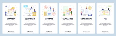 Mobil uygulama ekranlarda. İş stratejisi, bilgisayar ekipmanları, online reklam, ücret. Web sitesi ve mobil geliştirme için menü vektör paneli şablonu. Web sitesi tasarımı düz illüstrasyon