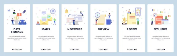 Telas de onboarding de aplicativos móveis. Armazenamento de dados, tecnologia, e-mail, notícias. Modelo de banner vetorial de menu para site e desenvolvimento móvel. Web site design ilustração plana — Vetor de Stock