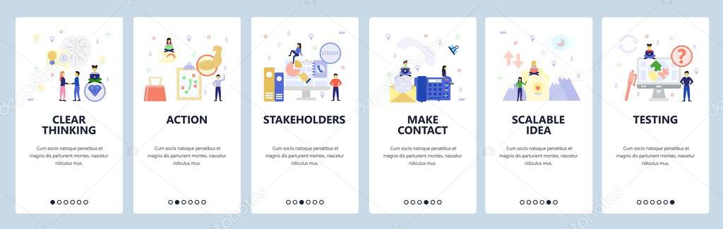 Mobile app onboarding screens. Business strategy, phone and email contact, testing, business deal. Menu vector banner template for website and mobile development. Web site design flat illustration