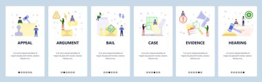 Mobil uygulama ekranlarda. Mahkeme temyizi, kefalet, yasal dava, kanıt, duruşma, avukat. Web sitesi ve mobil geliştirme için menü vektör paneli şablonu. Web sitesi tasarımı düz illüstrasyon