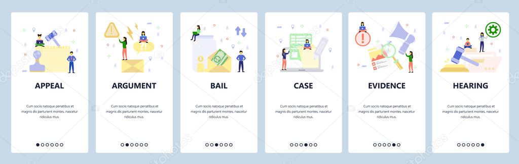 Mobile app onboarding screens. Court appeal, money bail, legal case, evidence, hearing, lawyer. Menu vector banner template for website and mobile development. Web site design flat illustration