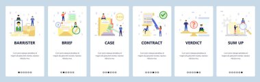 Mobil uygulama ekranlarda. Ön duruşma anlaşması, mahkeme, hukuk davası, karar, avukat, avukat. Web sitesi ve mobil geliştirme için menü vektör paneli şablonu. Web sitesi tasarımı düz illüstrasyon