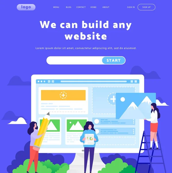 Modello di design del sito web vettoriale. Business team lavorano insieme per costruire wireframe. Concetti di Landing page per lo sviluppo mobile del sito web. Illustrazione piatta moderna — Vettoriale Stock