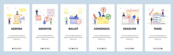 Ponsel app onboarding screens. Ya dan Tidak ada gerakan tangan, surat suara, proyek tenggat waktu, untuk melakukan daftar. Templat banner vektor menu untuk situs web dan pengembangan mobile. Gambar datar desain situs web - Stok Vektor