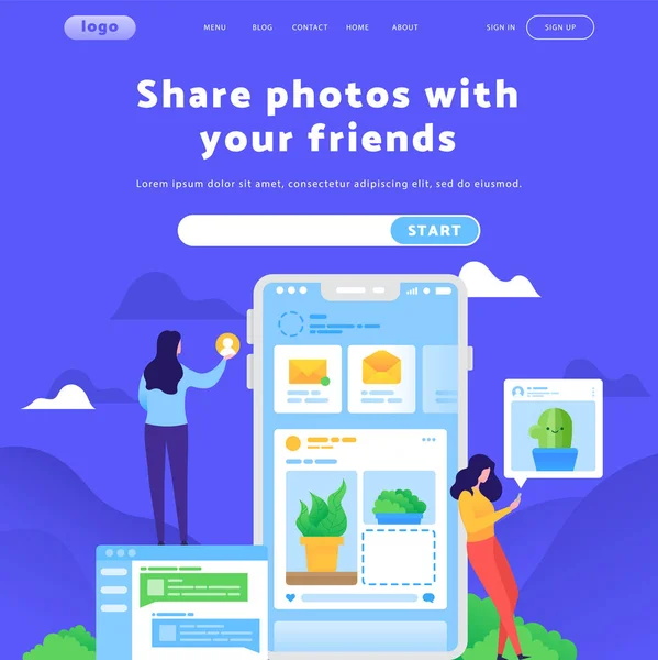 Векторний шаблон дизайну веб-сайту. Програма для обміну соціальними мережами та фотографіями, повідомлення електронної пошти. Концепції цільової сторінки для мобільної розробки веб-сайту. Сучасна плоска ілюстрація — стоковий вектор