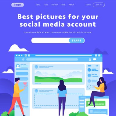 Vektör web sitesi tasarım şablonu. Sosyal medya hesabı ve paylaşımları besliyor. Taşınabilir web sitesi geliştirme konseptleri indiriliyor. Modern düz resimleme