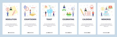 Mobil uygulama ekranlarda. Kum saati, geri sayım, tatil, yeni yıl, takvim. Web sitesi ve mobil geliştirme için menü vektör paneli şablonu. Web sitesi tasarımı düz illüstrasyon