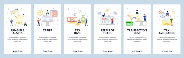 Schermi di onboarding delle app mobili. Saldo degli utili fiscali, attività commerciali, elusione fiscale, costi di transazione. Menu modello banner vettoriale per lo sviluppo di siti web e dispositivi mobili. Disegno del sito web illustrazione piatta — Vettoriale Stock