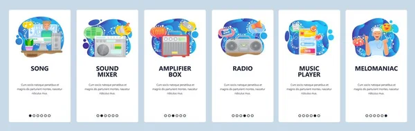 Pantallas de incorporación de aplicaciones móviles. Equipo de sonido y audio, mezclador, amplificador, grabadora de casetes, reproductor de música. Plantilla de banner vectorial para desarrollo web y móvil. Ilustración del diseño del sitio web — Archivo Imágenes Vectoriales