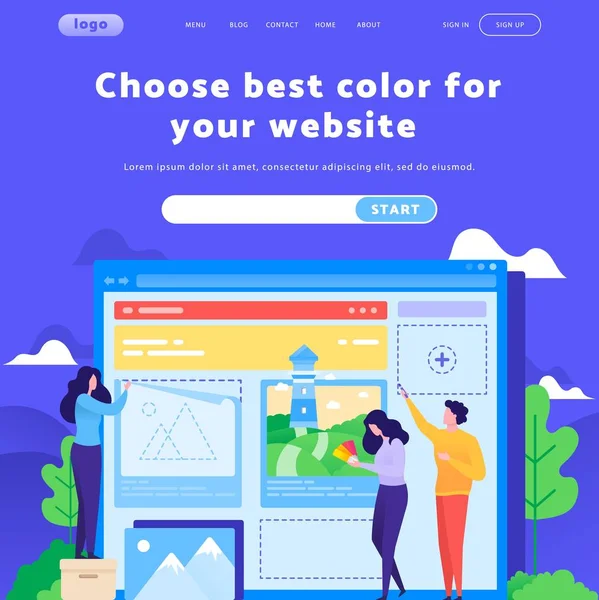 Векторний шаблон дизайну веб-сайту. Команда вибирає колір для веб-сайту. Концепції цільової сторінки для мобільної розробки веб-сайту. Сучасна плоска ілюстрація — стоковий вектор